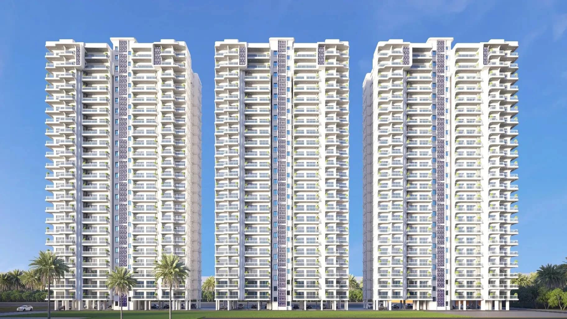 Genesis Heights – Tower Elevation Front elevation of three Genesis Heights residential towers in Zirakpur